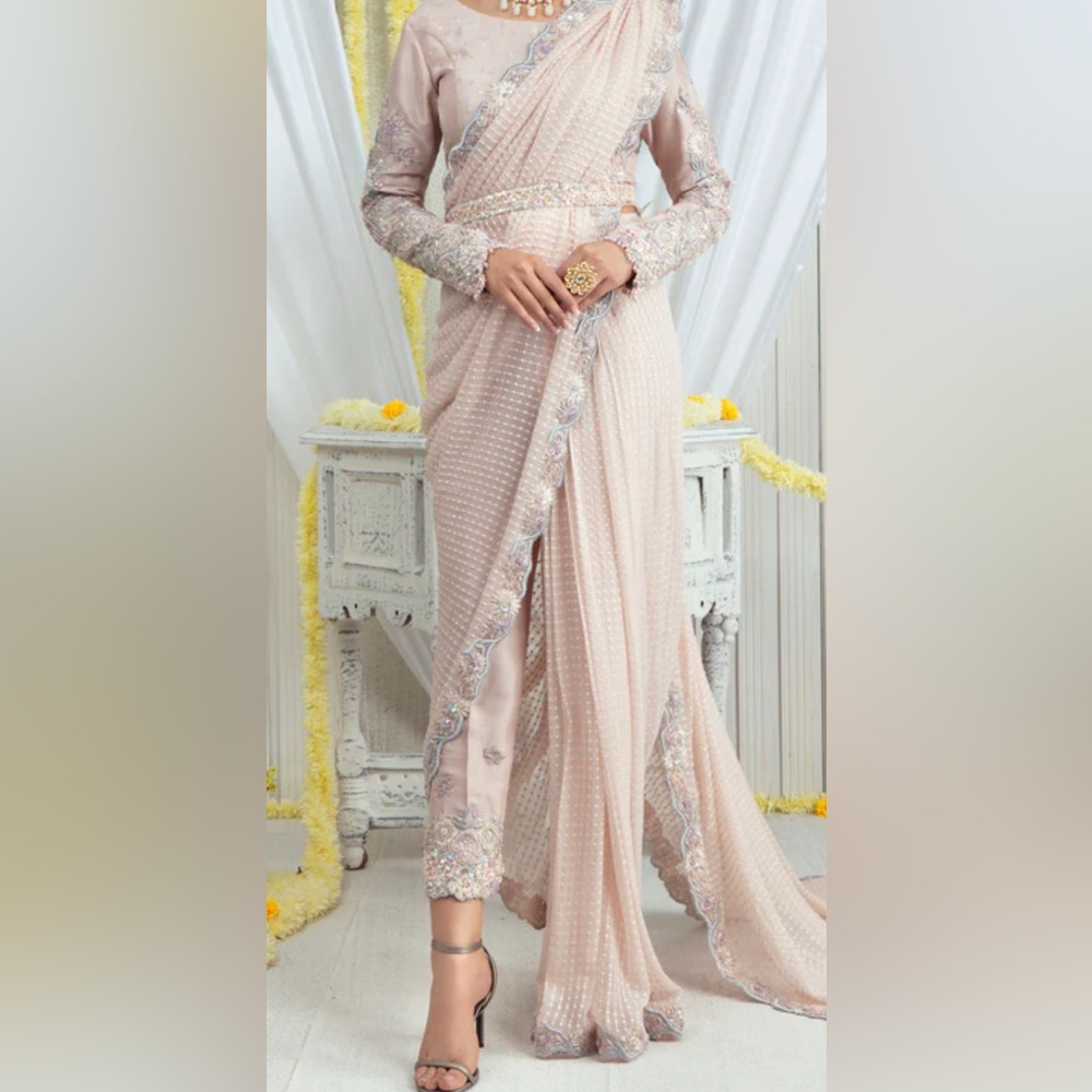 Formal Bridal Saree: Embroidered Pink Pant Sari